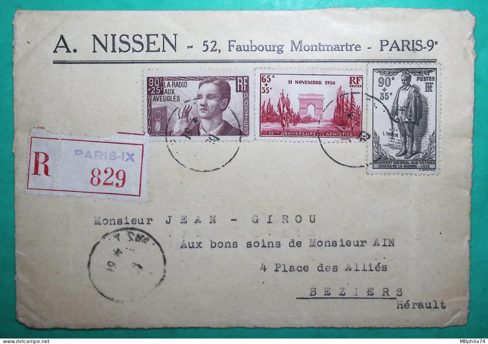 N°403 + 418 + 420 RECOMMANDE BEL AFFRANCHISSEMENT NISSEN PARIS POUR BEZIERS HERAULT 1939 DEVANT DE LETTRE FRONT COVER - 1939-44 Iris