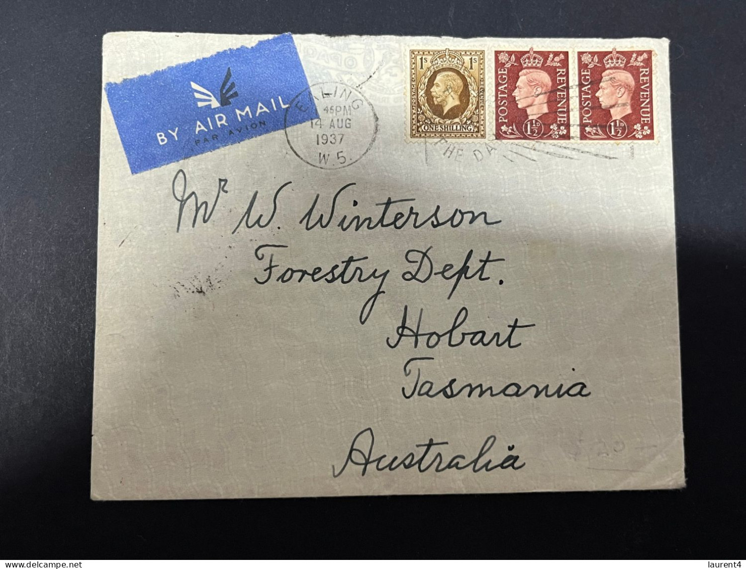 7-12-2023 (3 W 34) UK Letter Posted To Australia 1937 - Air Mail UK To Melbourne  - Ship Mail Melbourne To Hobart - Andere (Lucht)