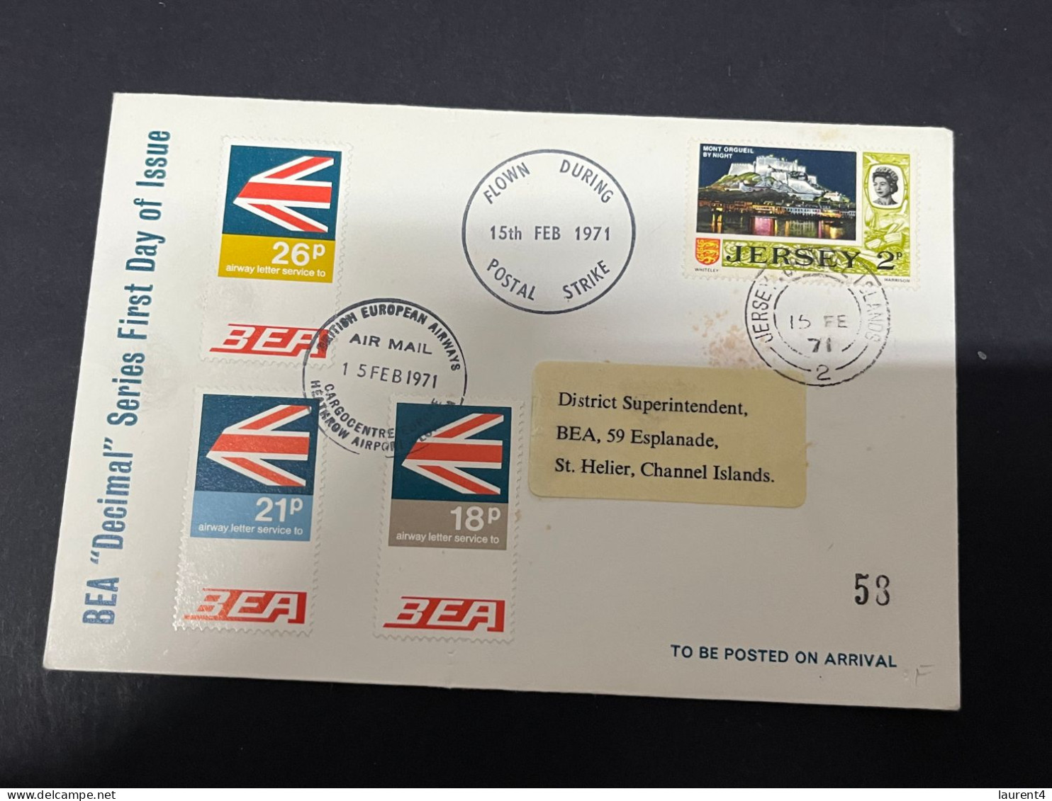 7-12-2023 (3 W 34) UK - BEA Airline - Flown During Postal Strike - 1971 - Jersey (with 3 Cinderella) - Sonstige (Luft)