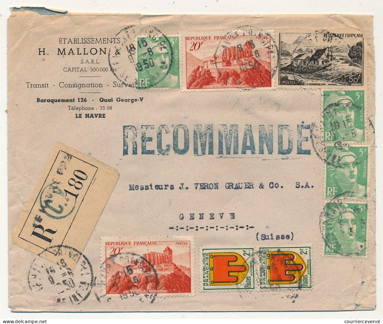 FRANCE => Env. Affr Composé Gandon, Armoiries, Vivarais, St Bertrand Comminges - Recommandée Le Havre, Pour Genève 1950 - Briefe U. Dokumente