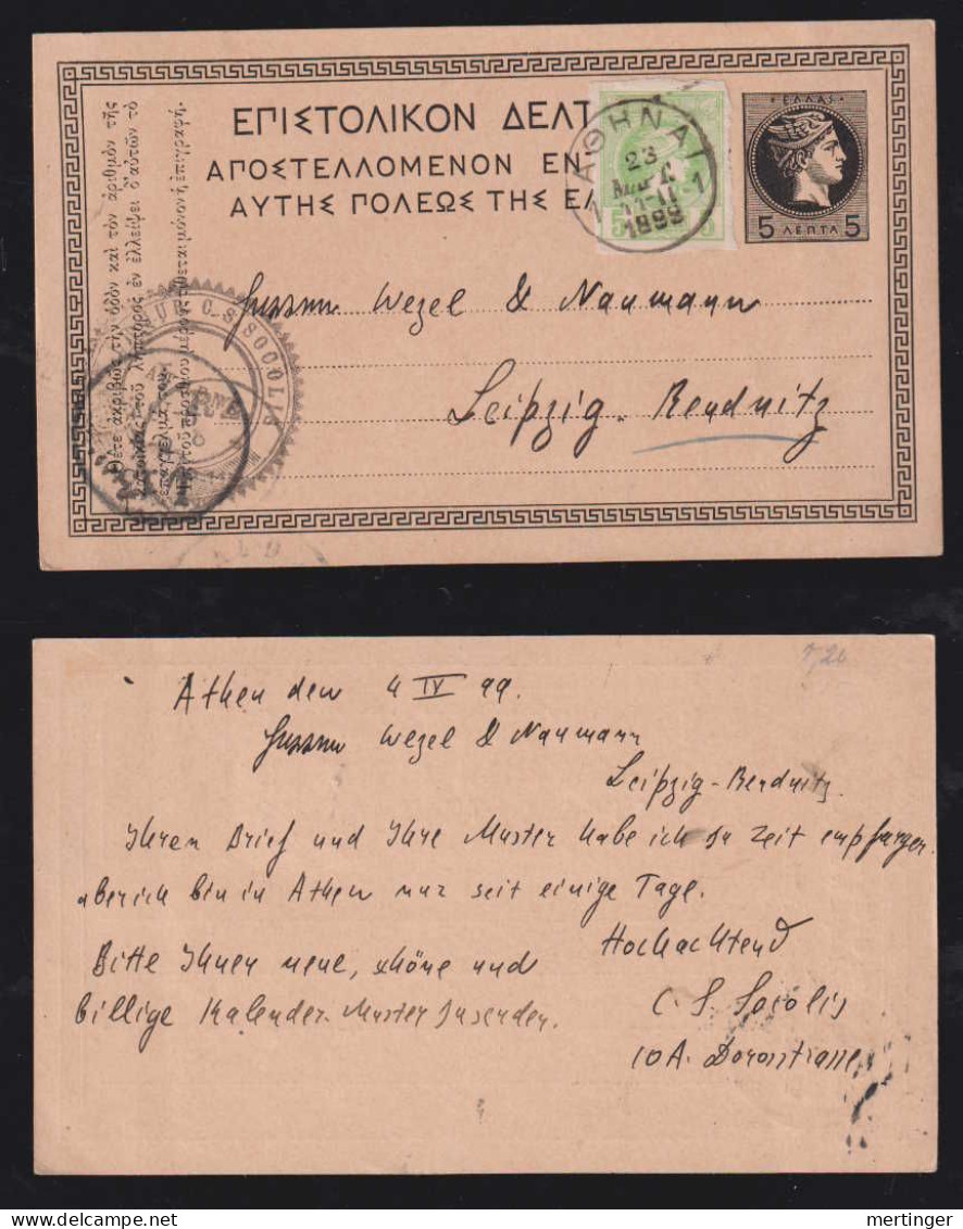 Greece 1899 Uprated Stationery Postcard ATHENS X LEIPZIG Germany - Covers & Documents