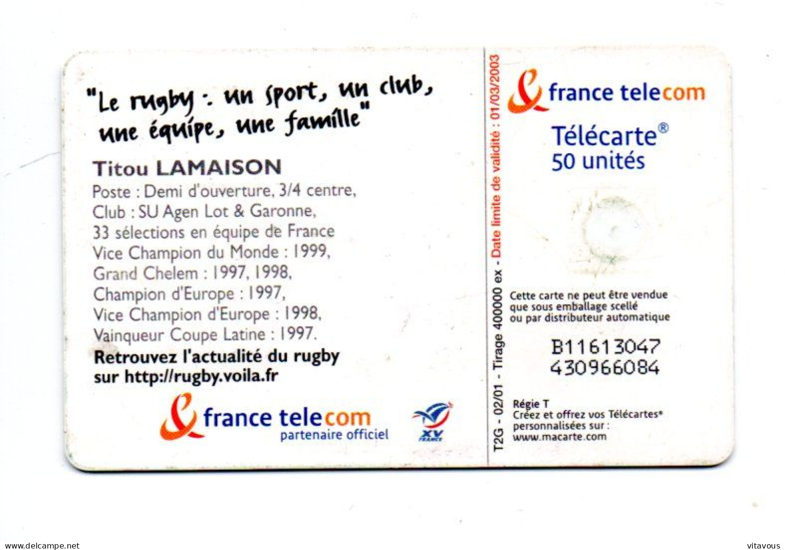 Titou LAMAISON Football Soccer Télécarte France Phonecard (F 127) - 2001