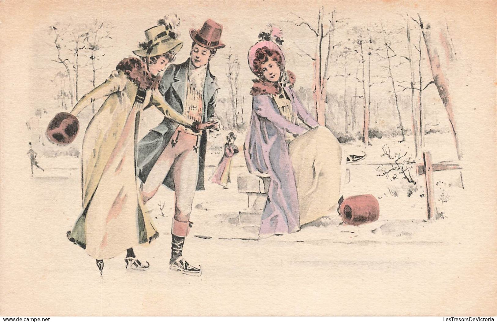 ILLUSTRATEUR - Une Femme Admirant Le Couple Sur La Patinoire - Colorisé - Carte Postale Ancienne - Sonstige & Ohne Zuordnung