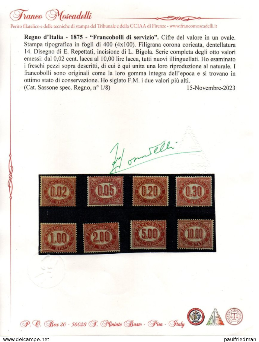 Regno 1875 - Servizio Di Stato - Nuovi Gomma Integra - MNH** - Certificato - Dienstmarken