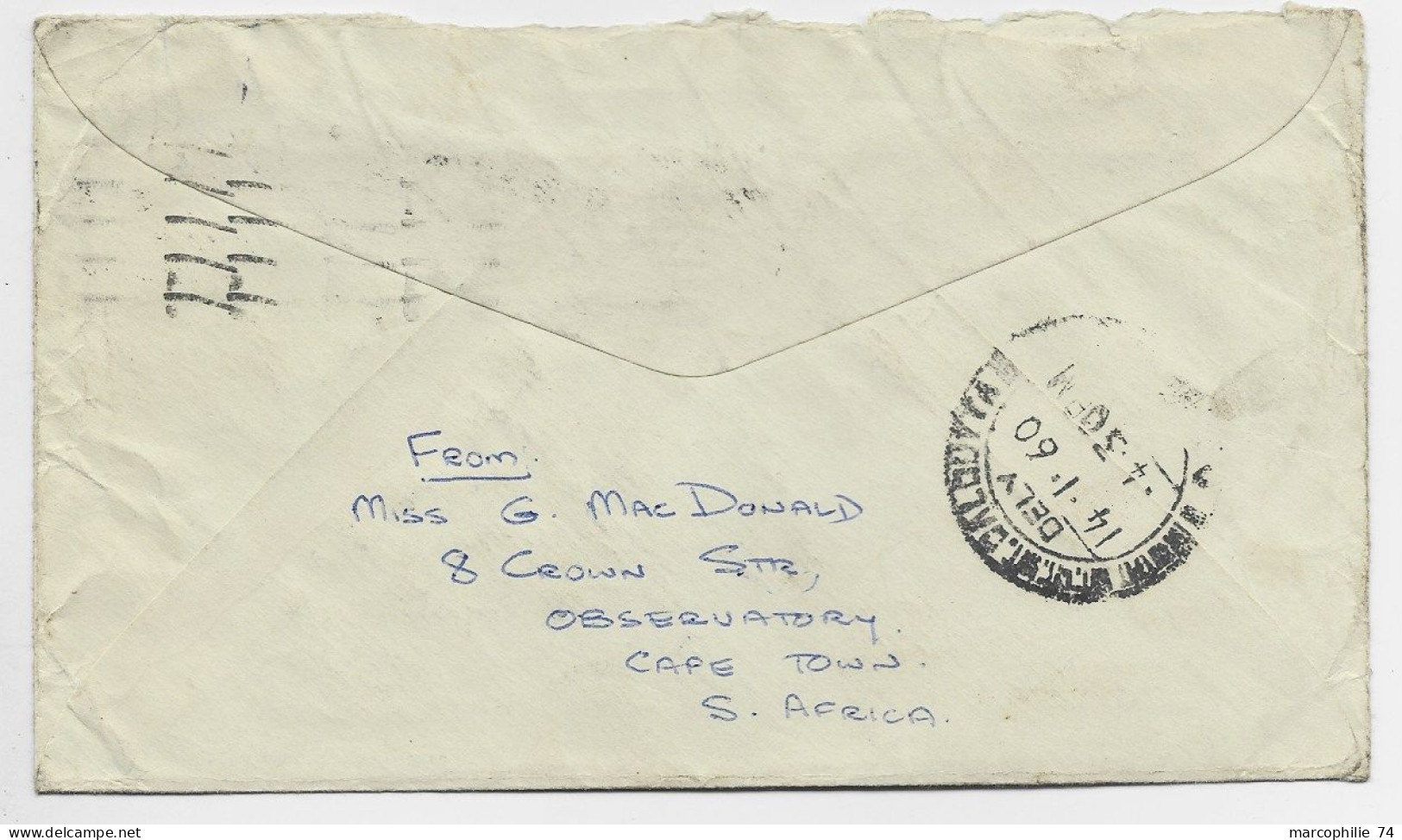 SUD AFRICA 6D LION +1/3 LETTRE COVER AVION CAPE TOWN 9.1.1960 TO CALCUTTA INDIA - Covers & Documents