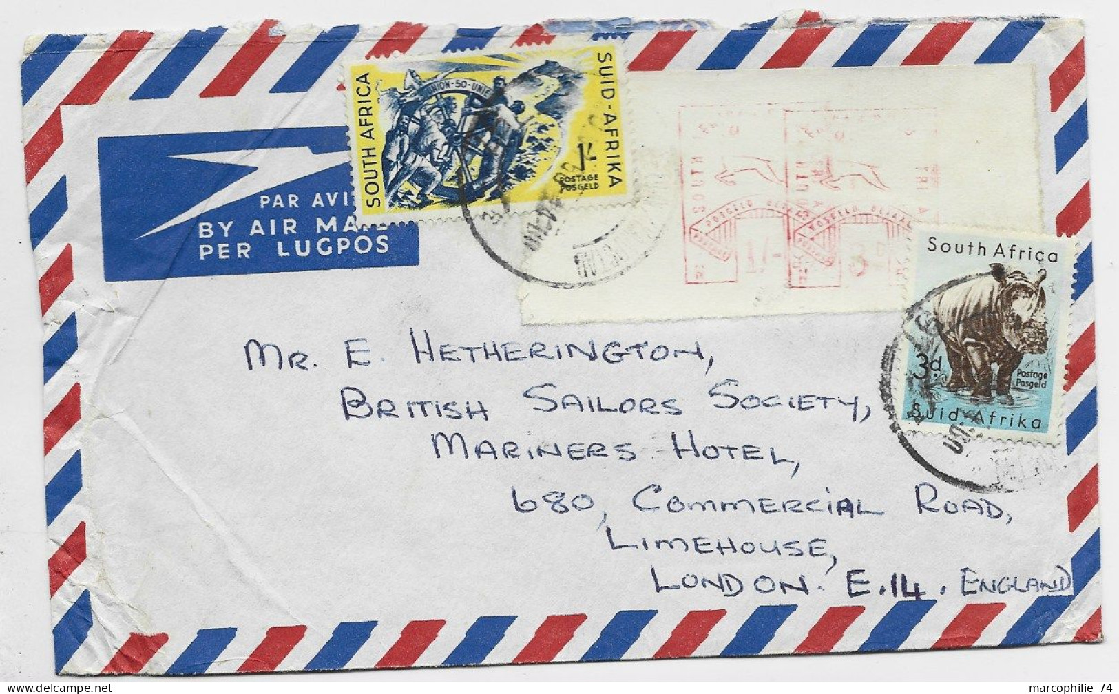 SUD AFRICA 3D RHINOCEROS +1/ + ETIQUETTE EMA  LETTRE COVER AVION CAPE TOWN 9.1.1960 TO LONDON - Brieven En Documenten