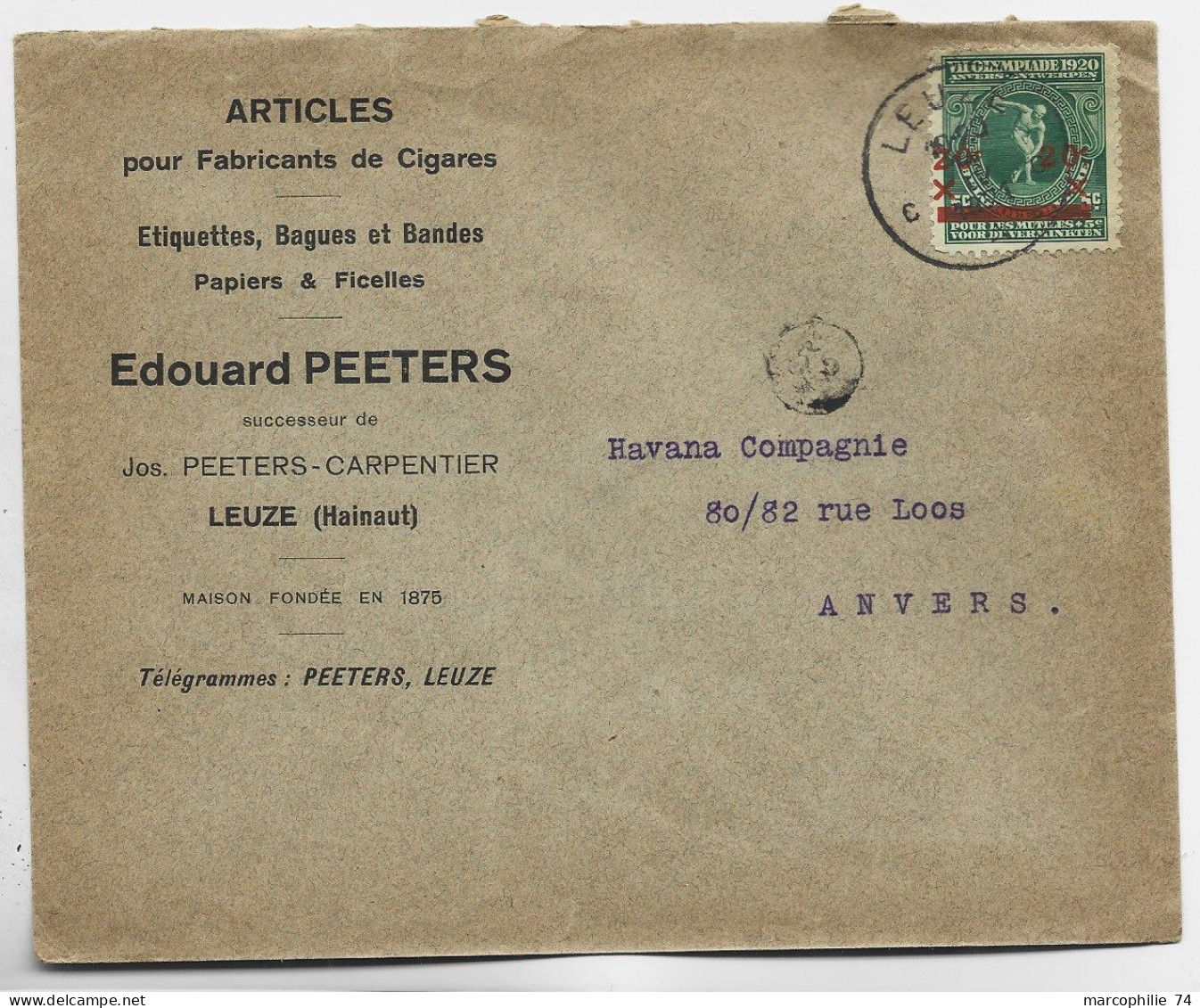 BELGIQUE ANVERS JEUX OLYMPIQUES OLYMPIC GAMES 20C SOLO LETTRE COVER LEUZE HAINAULT 1921 TO ANVERS - Summer 1920: Antwerp