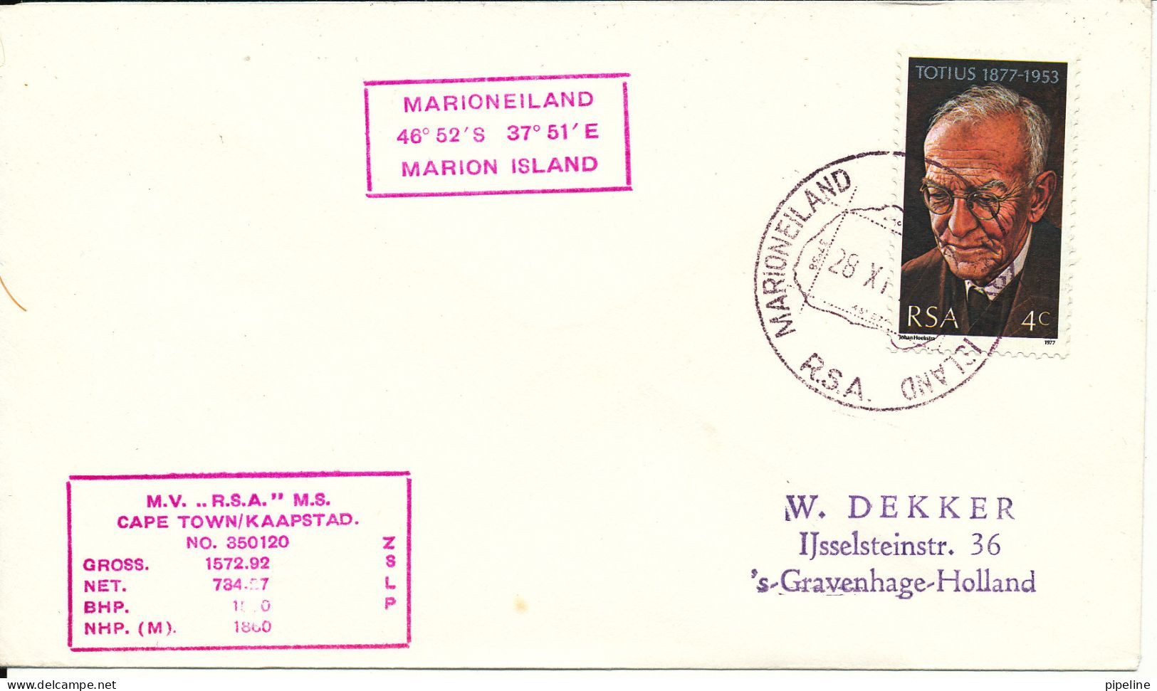 South Africa RSA Ship Cover M. S. R.S.A. Cape Town Marioneiland Marion Island 28-6-1977 - Covers & Documents