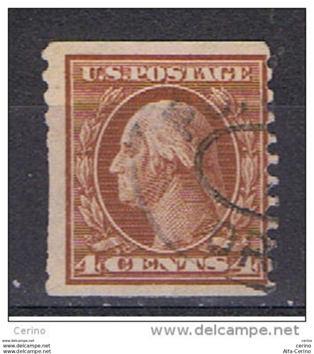 U.S.A.:  1908/09  G. WASHINGTON  -  4 C. USED  STAMP  -  D. 10  COIL  SHORT  LEFT  -  YV/TELL. 170 - Coils & Coil Singles