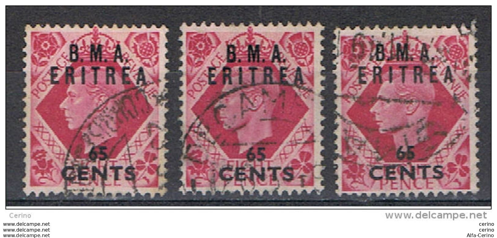 ERITREA  B.M.A.:  1948/49  SOPRASTAMPATO  -  65 C./8 P. ROSA  US. -  RIPETUTO  3  VOLTE  -  SASS. 8 - Eritrea