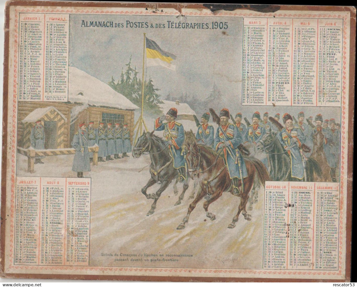 Ancien Calendrier Almanach Des Postes Et  Télégraphes 1905 Cosaques Russes - Petit Format : 1901-20
