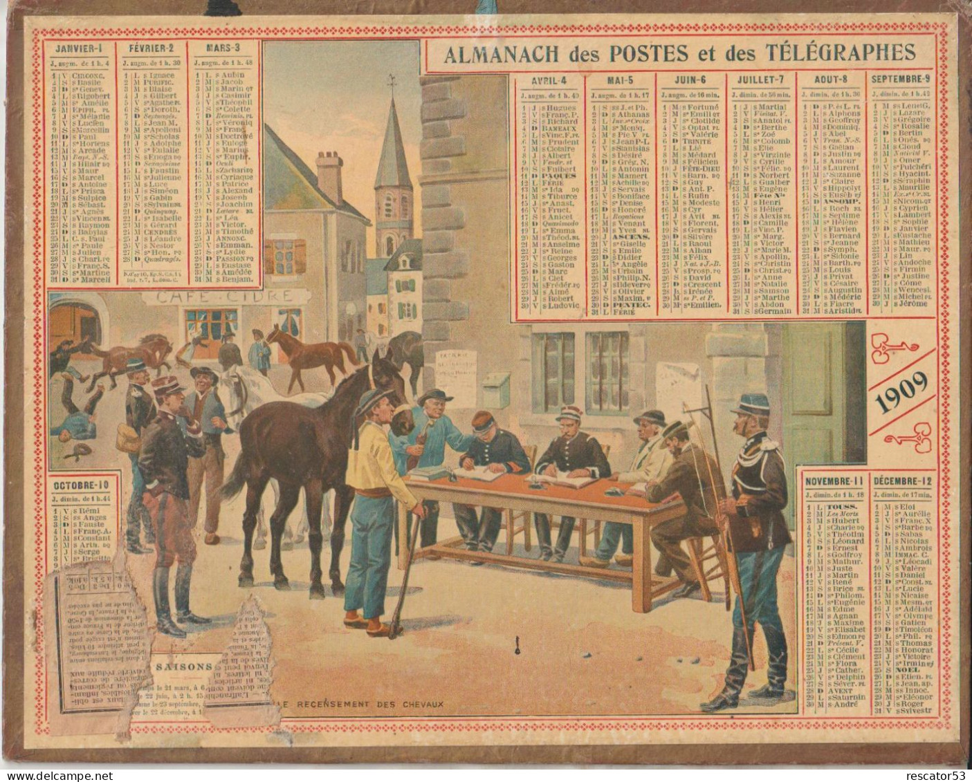 Ancien Calendrier Almanach Des Postes Et  Télégraphes 1909 Bretagne Recensement Des Chevaux - Petit Format : 1901-20