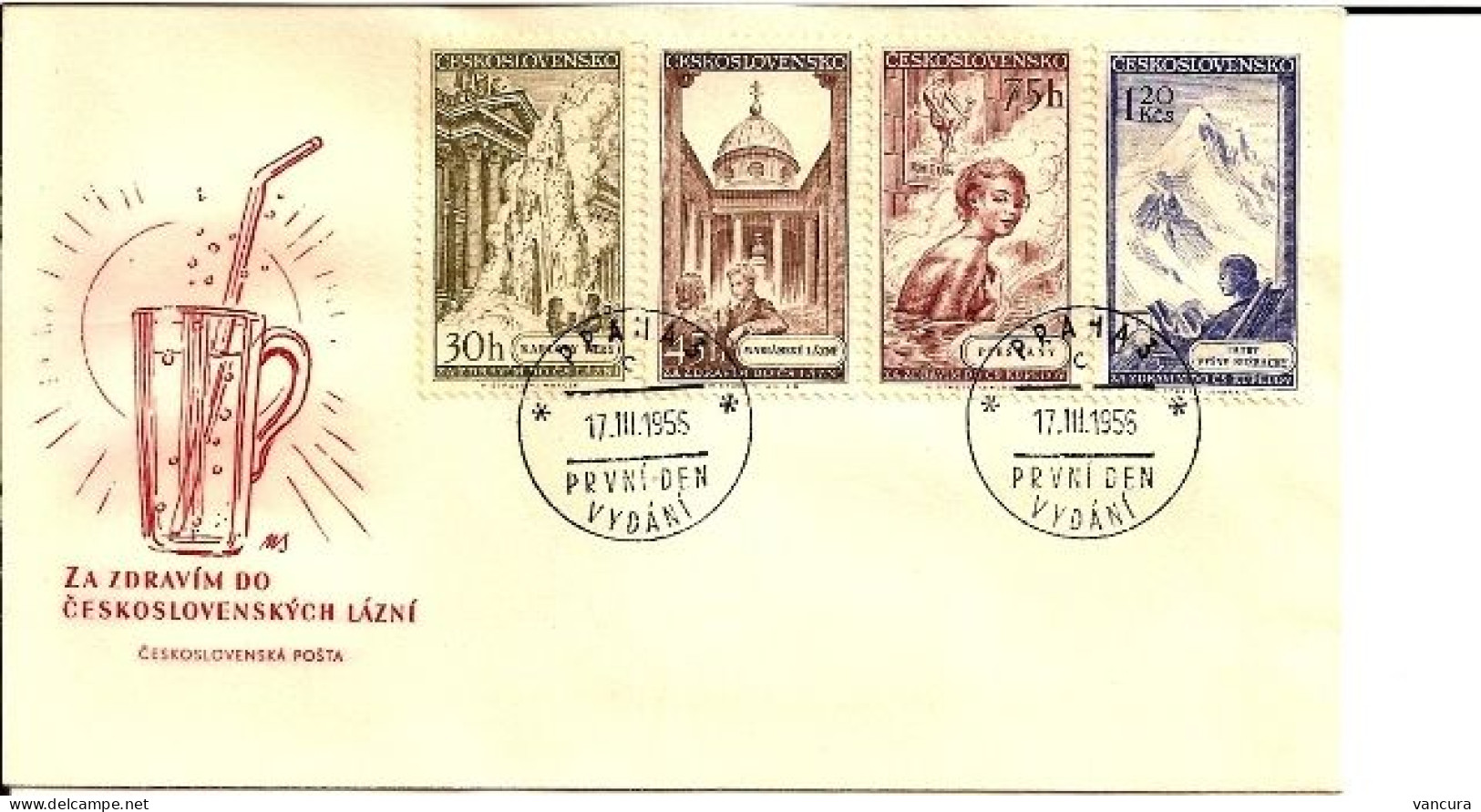 FDC 873-6 Czechoslovakia Spas/Baden 1956 Carlsbad Marienbad Piestany High Tatras NOTICE POOR SCAN, BUT THE FDC IS O.K. - Thermalisme