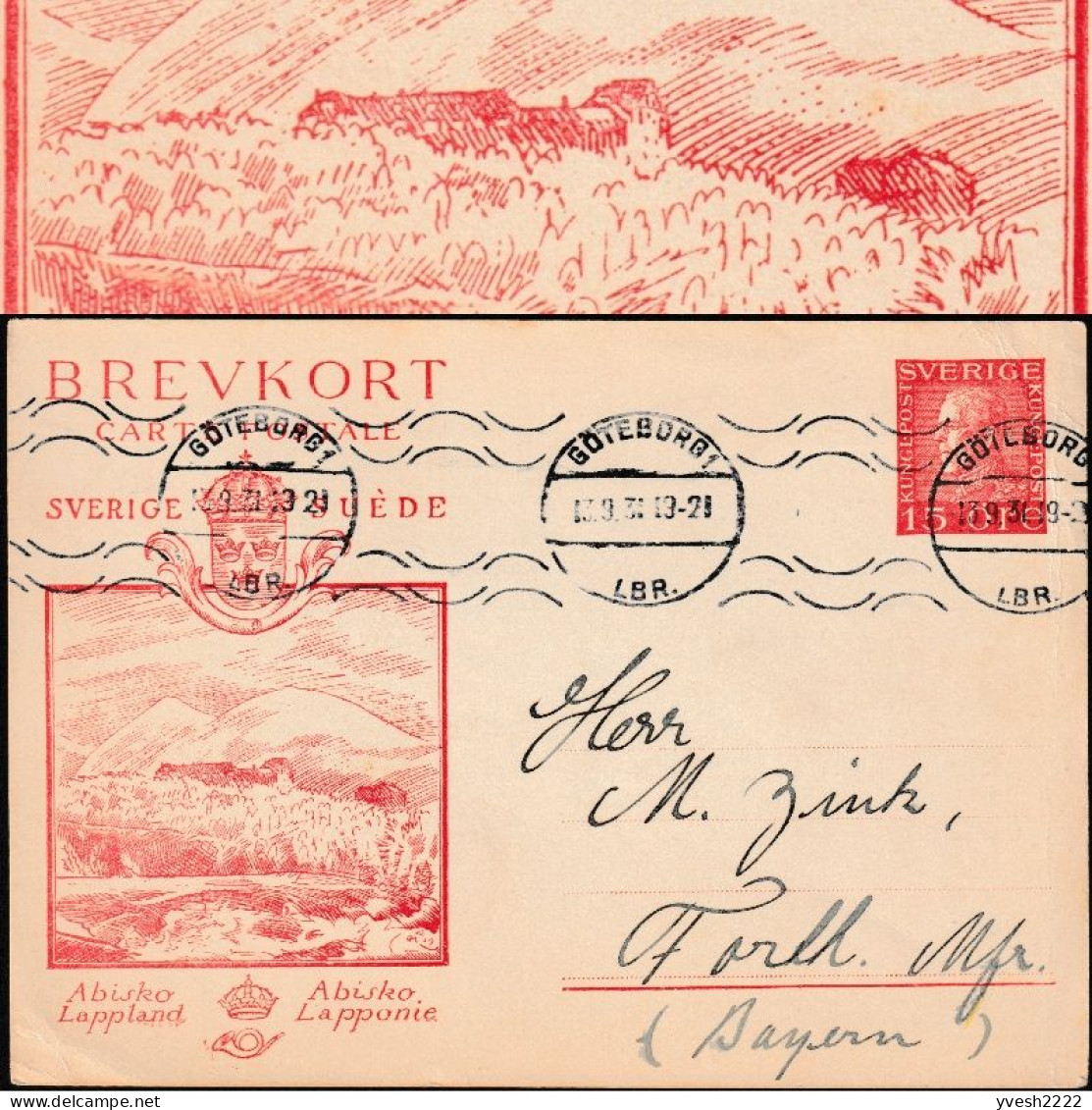 Suède 1929. Entier Postal Officiel Pour L'étranger. Abisko, Laponie. Erreur, Lapponie. Montagne, Minerais De Fer - Oddities On Stamps