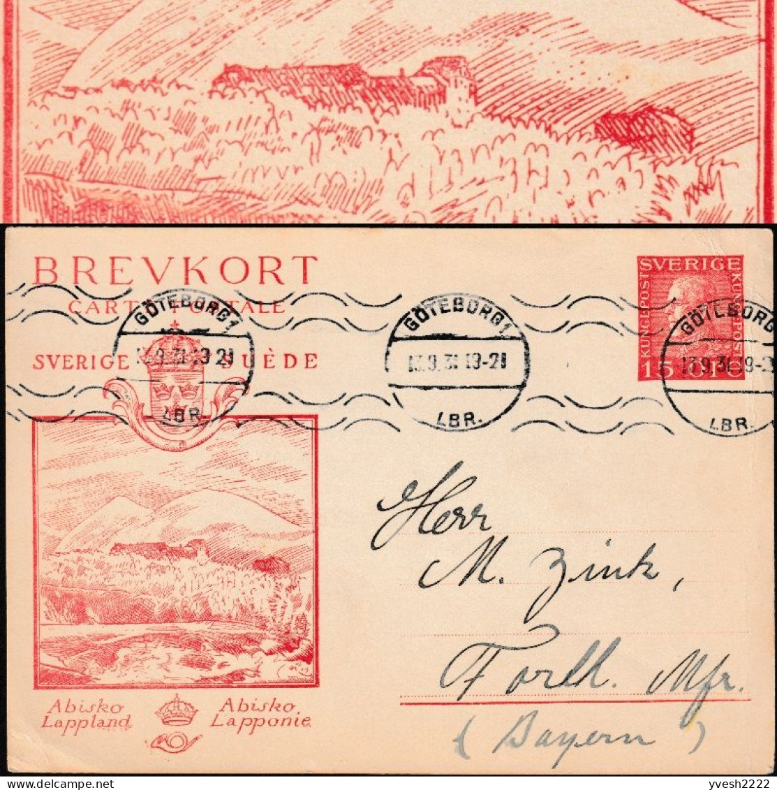 Suède 1929. Entier Postal Officiel Pour L'étranger. Abisko, Laponie. Erreur, Lapponie. Montagne, Minerais De Fer - Fehldrucke