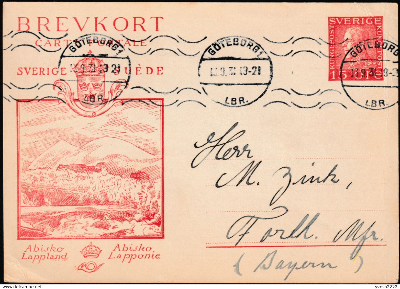 Suède 1929. Entier Postal Officiel Pour L'étranger. Abisko, Laponie. Erreur, Lapponie. Montagne, Minerais De Fer - Fehldrucke