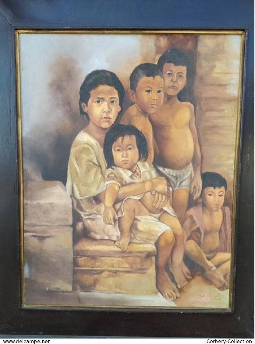 Tableau Portrait Enfants Fratrie Indonésie Signature à Identifier - Oils