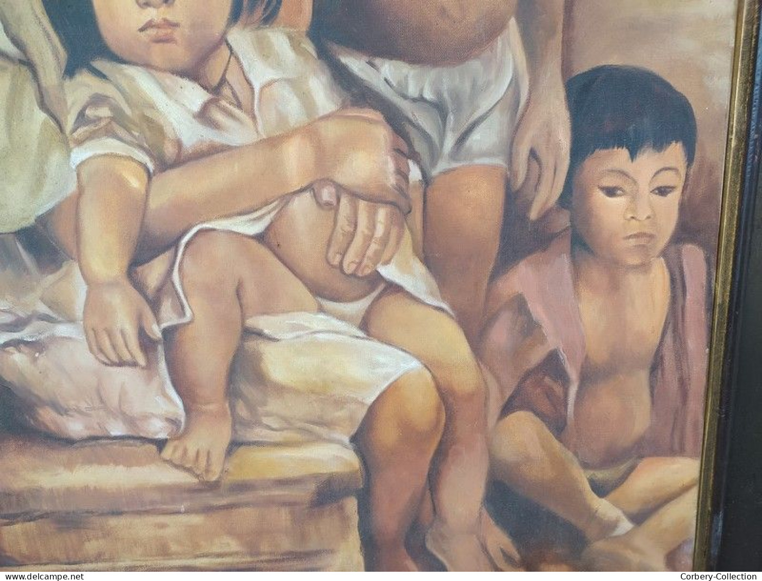 Tableau Portrait Enfants Fratrie Indonésie Signature à identifier