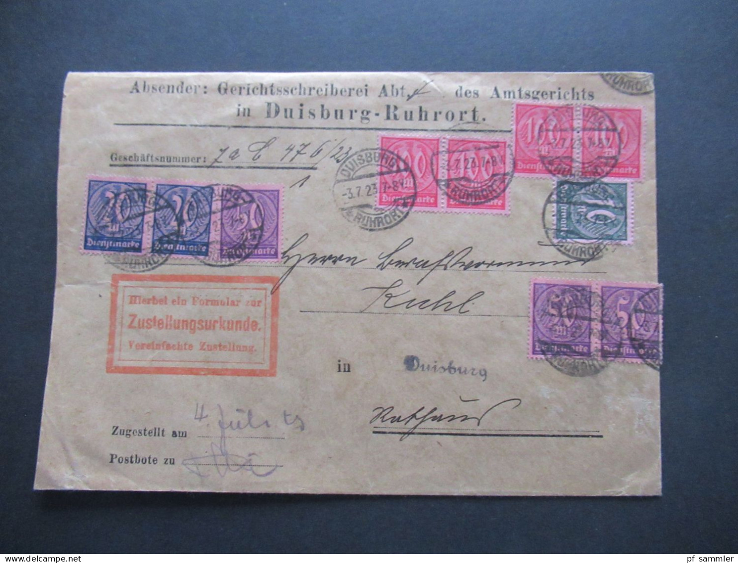 DR Dienstpost 1923 Preussisches Amtsgericht Duisburg Ruhrort / Zustellungsurkunde MiF Mit 10 Marken Wertziffern) - Servizio