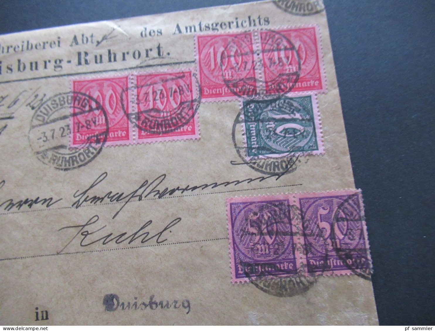 DR Dienstpost 1923 Preussisches Amtsgericht Duisburg Ruhrort / Zustellungsurkunde MiF Mit 10 Marken Wertziffern) - Servizio