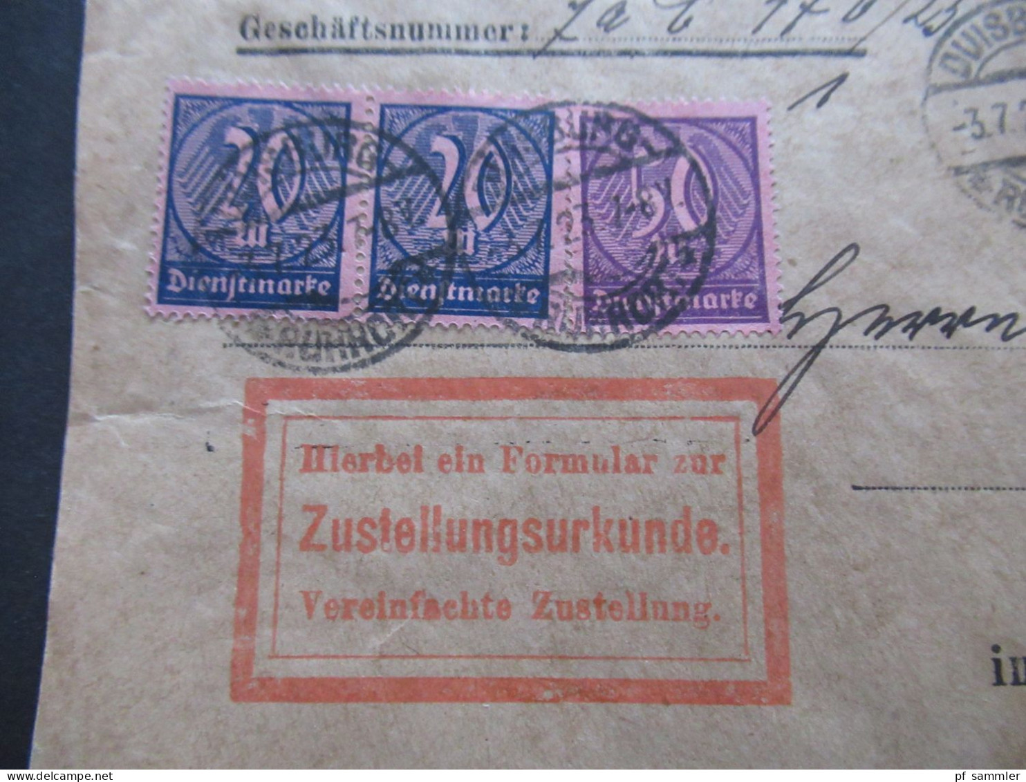 DR Dienstpost 1923 Preussisches Amtsgericht Duisburg Ruhrort / Zustellungsurkunde MiF Mit 10 Marken Wertziffern) - Dienstzegels