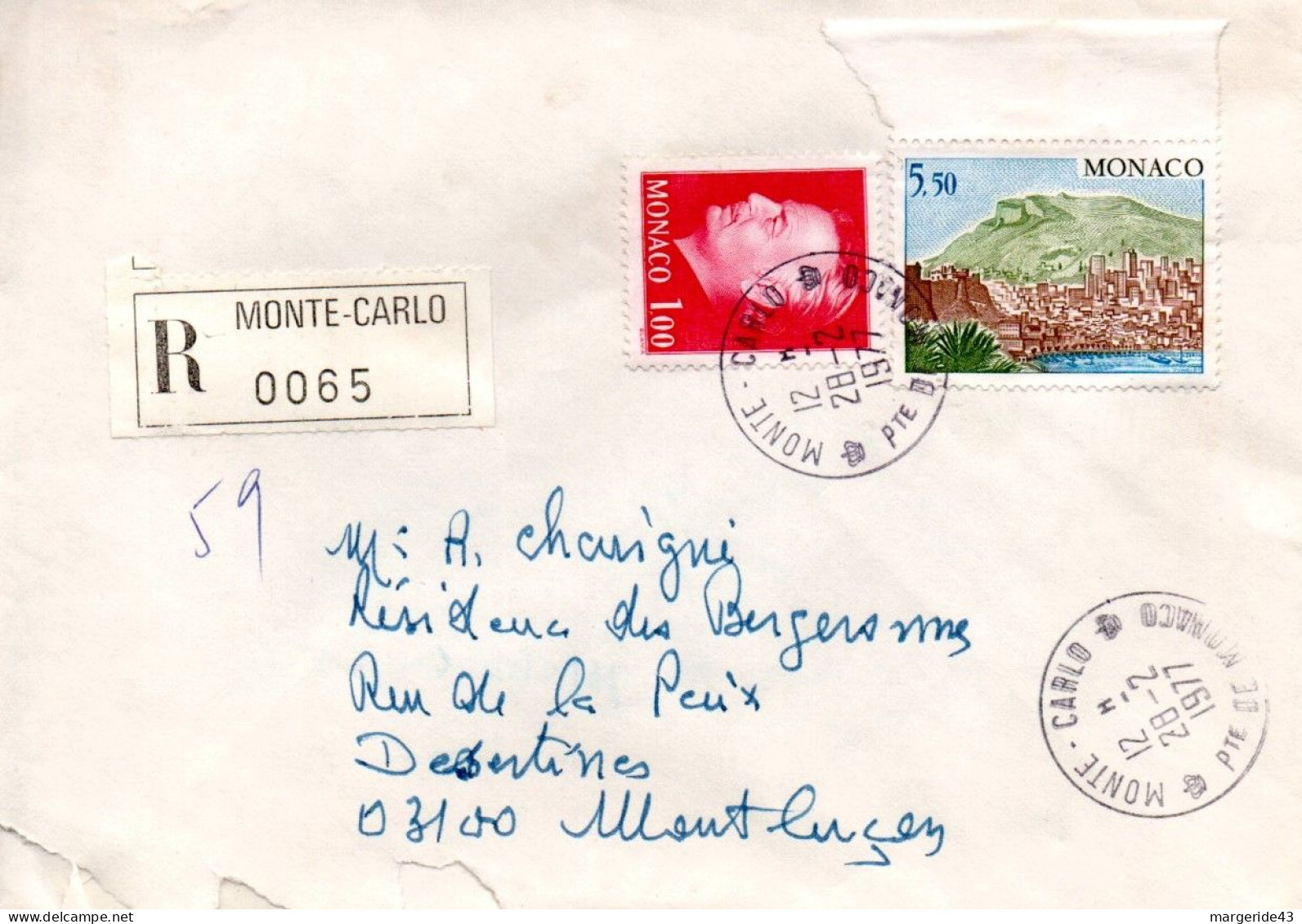 MONACO AFFRANCHISSEMENT COMPOSE SUR LETTRE RECOMMANDEE POUR LA FRANCE 1977 - Covers & Documents