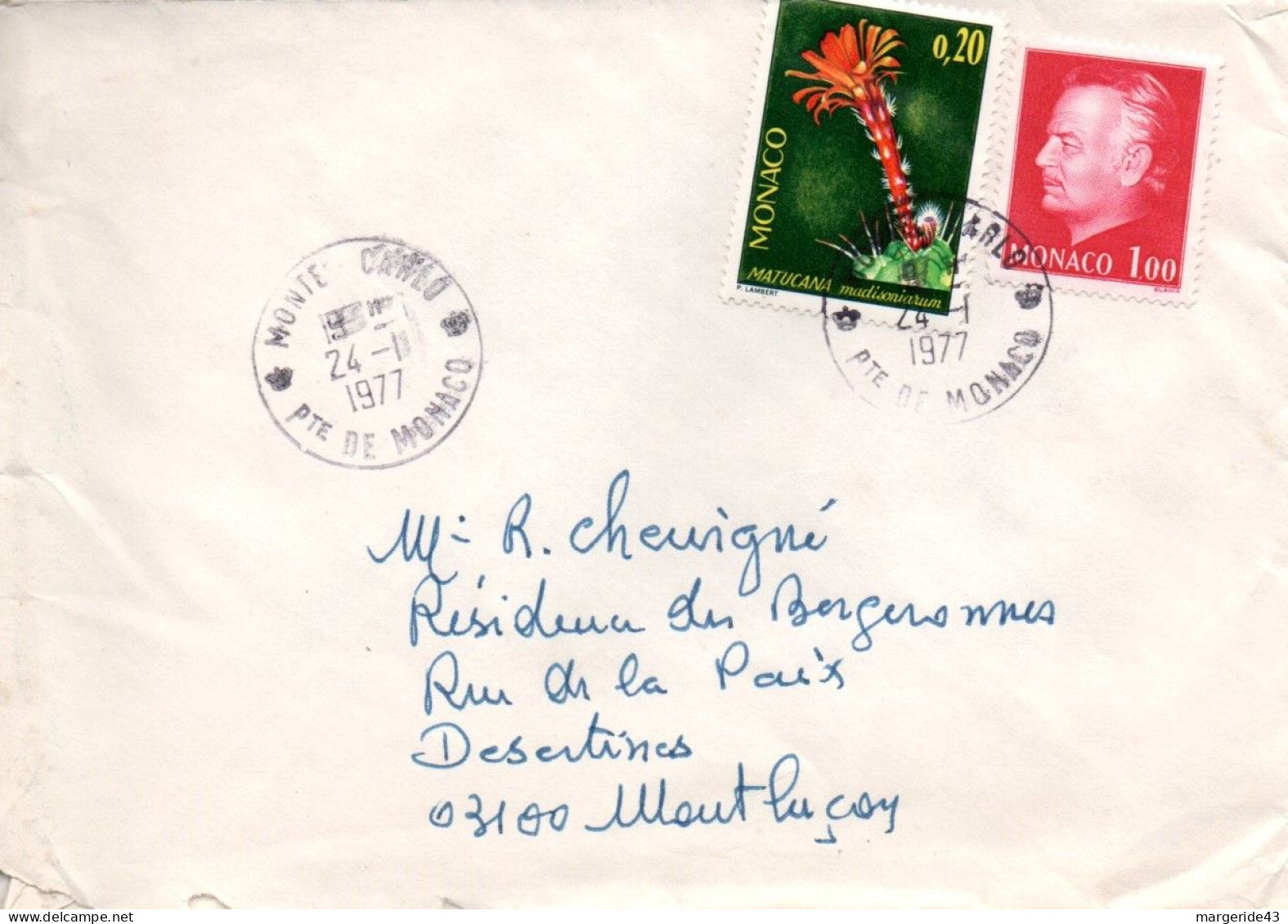 MONACO AFFRANCHISSEMENT COMPOSE SUR LETTRE POUR LA FRANCE 1977 - Storia Postale