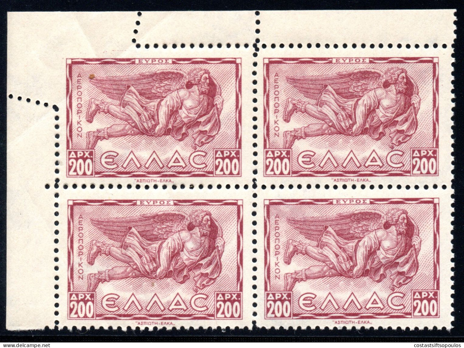 2225.GREECE.1943 WINDS,200 DR.EVROS,HELLAS A65,MNH BLOCK OF 4 ,CORNER STAMP MISPERFORATED - Plaatfouten En Curiosa