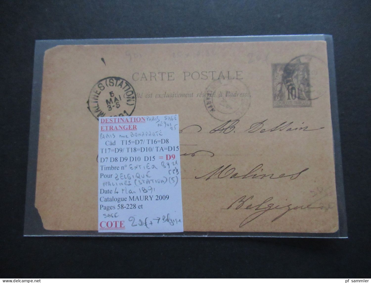 Frankreich 1889 / 1890 guter Ganzsachen Posten Auslands PK Paris nach Belgien viele Stempel Malines (Station) mit 10 Stk