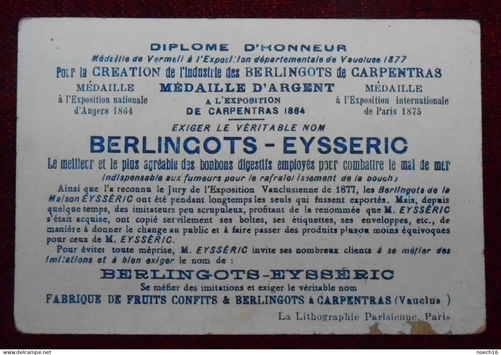 Chromo Publicité Berlingots-Eysseric à Carpentras - Vannage, Criblage, Triage - Sonstige & Ohne Zuordnung
