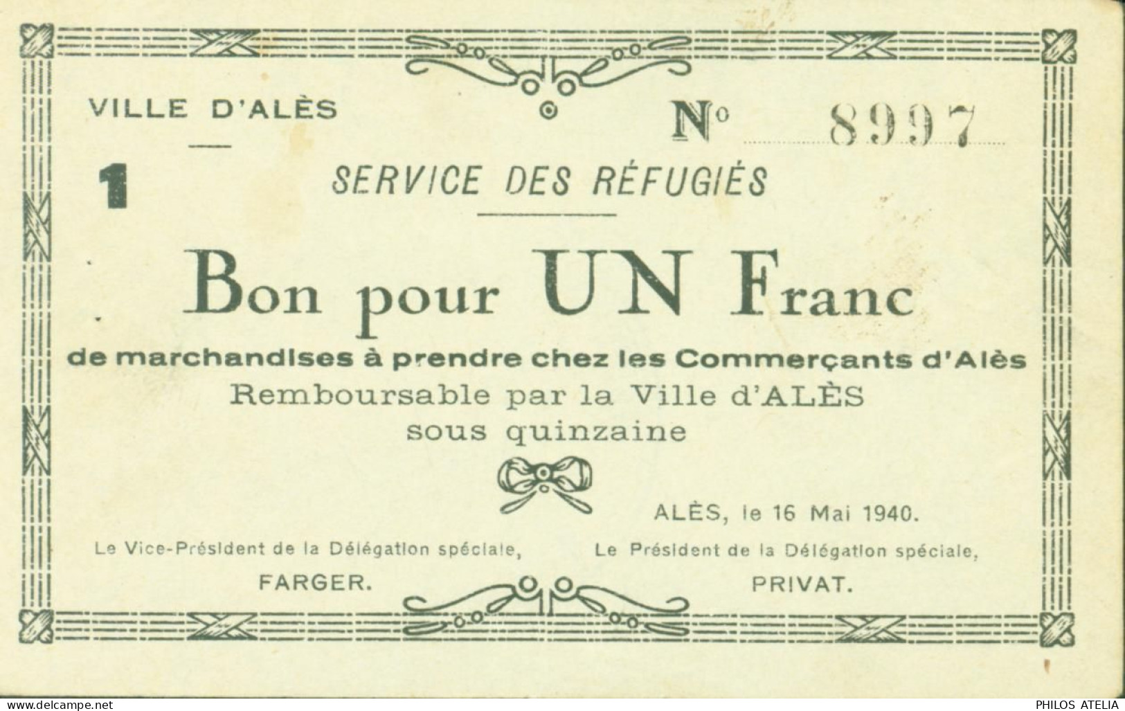 Guerre 40 Billet De Fortune Nécessité Service Des Réfugiés Bon Pour 1Fr De Marchandises Chez Commerçants D'Alès 1940 - Bons & Nécessité