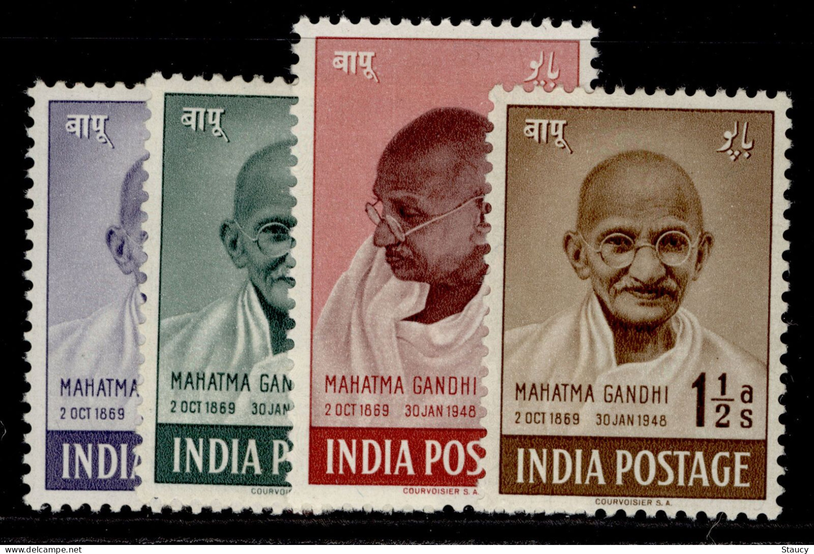 India 1948 Mahatma Gandhi Mourning 4v SET Mounted Mint, NICE COLOUR As Per Scan - Mahatma Gandhi