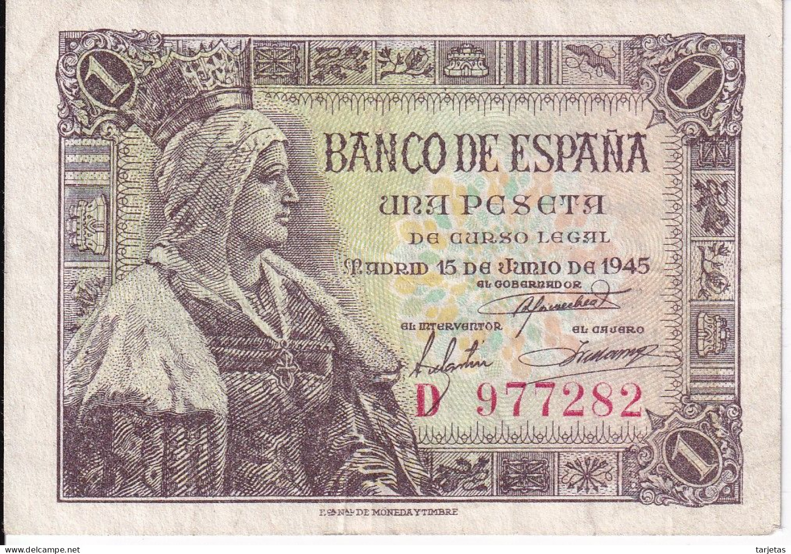 BILLETE DE ESPAÑA DE 1 PTA DEL 15/06/1945 ISABEL LA CATÓLICA SERIE D (BANK NOTE) - 1-2 Peseten