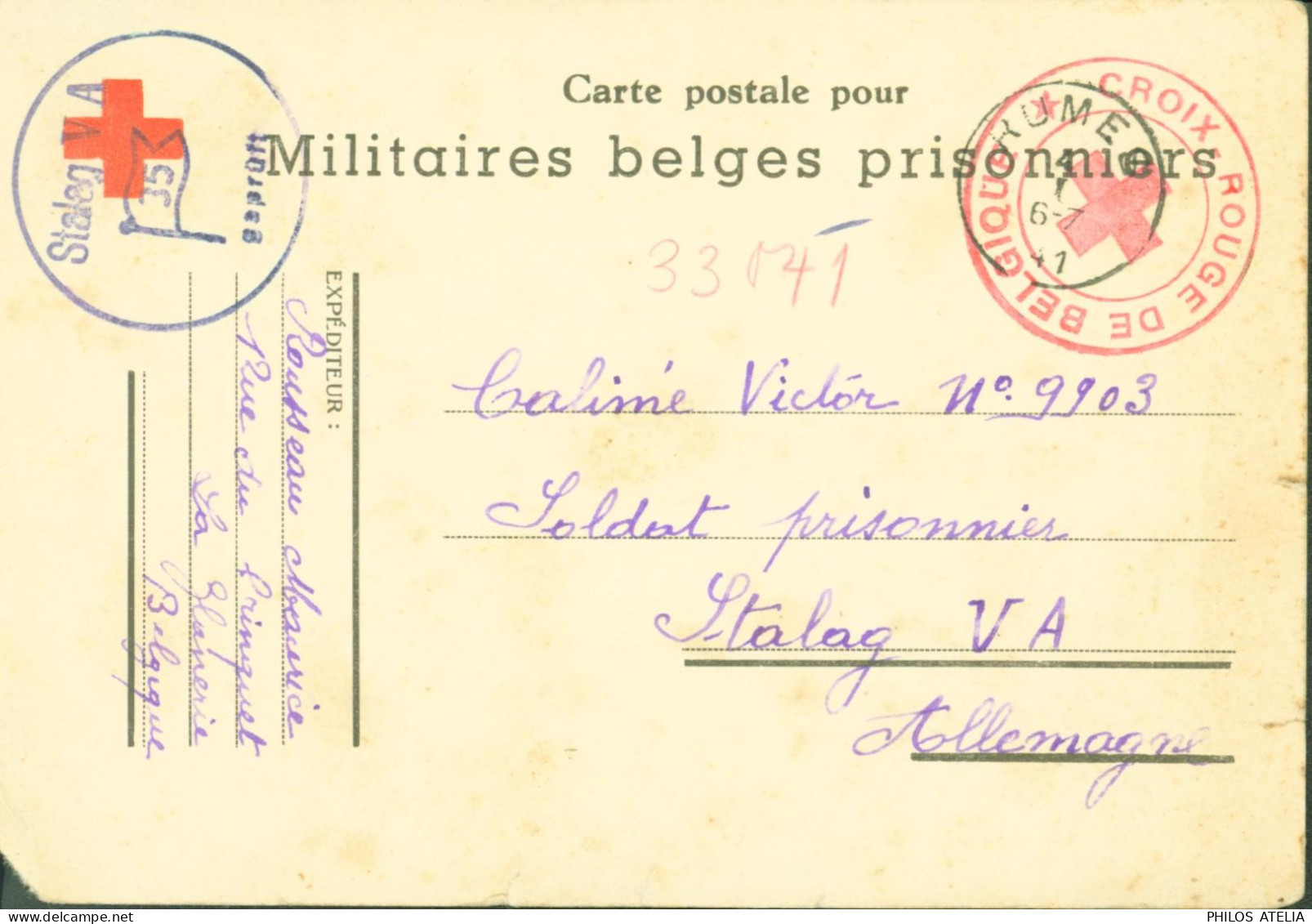 Guerre 40 CP Pour Militaire Belge Prisonnier Cachet Croix Rouge Belgique Pour Stalag V A Louisbourg Censure Camp N°35 - Courriers De Prisonniers