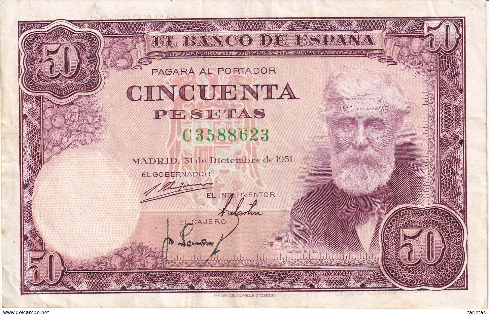 BILLETE DE ESPAÑA DE 50 PTAS DEL 31/12/1951 SERIE C EN CALIDAD BC (BANKNOTE) - 50 Pesetas