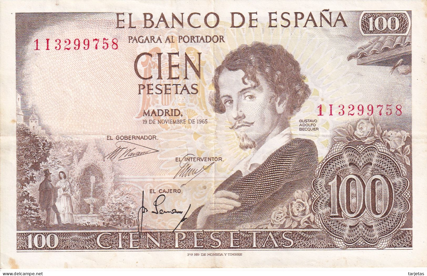 BILLETE DE 100 PESETAS DEL AÑO 1965 DE ADOLFO BECQUER SERIE 1I EN CALIDAD MBC (VF) (BANKNOTE) - 100 Pesetas