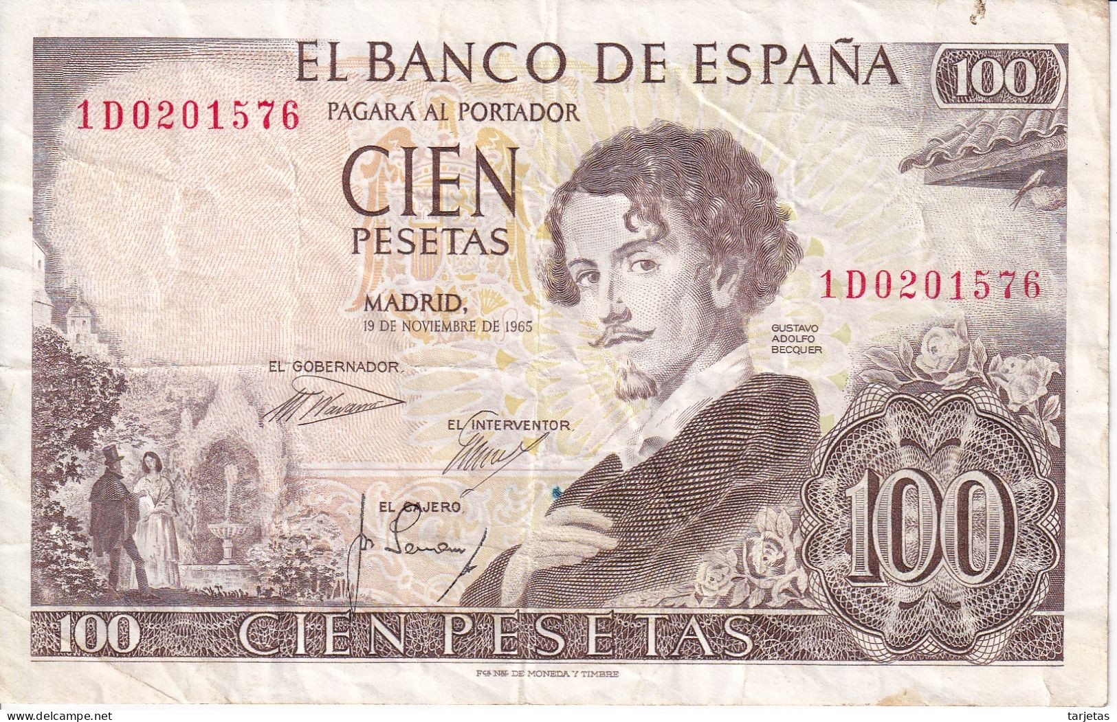 BILLETE DE 100 PESETAS DEL AÑO 1965 DE ADOLFO BECQUER SERIE 1D (BANKNOTE) - 100 Peseten