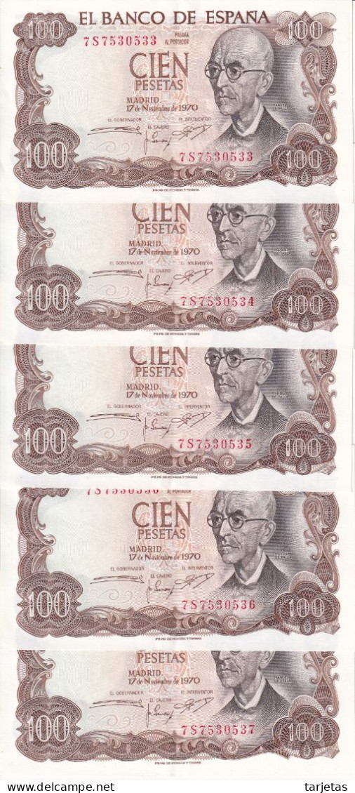 QUINTETO CORRELATIVO DE 100 PTAS DEL AÑO 1970 SERIE 7S EN CALIDAD EBC (XF) (BANK NOTE) - 100 Peseten