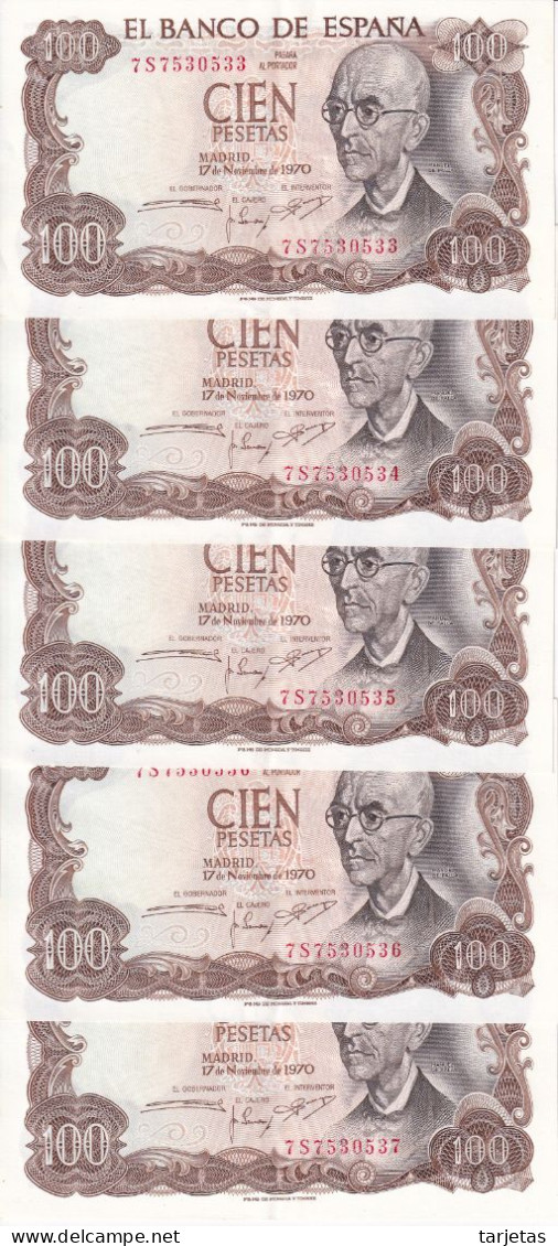 QUINTETO CORRELATIVO DE 100 PTAS DEL AÑO 1970 SERIE 7S EN CALIDAD EBC (XF) (BANK NOTE) - 100 Pesetas