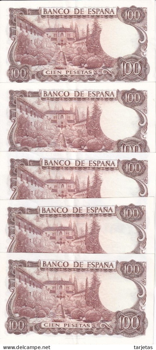 QUINTETO CORRELATIVO DE 100 PTAS DEL AÑO 1970 SERIE 7S EN CALIDAD EBC (XF) (BANK NOTE) - 100 Pesetas
