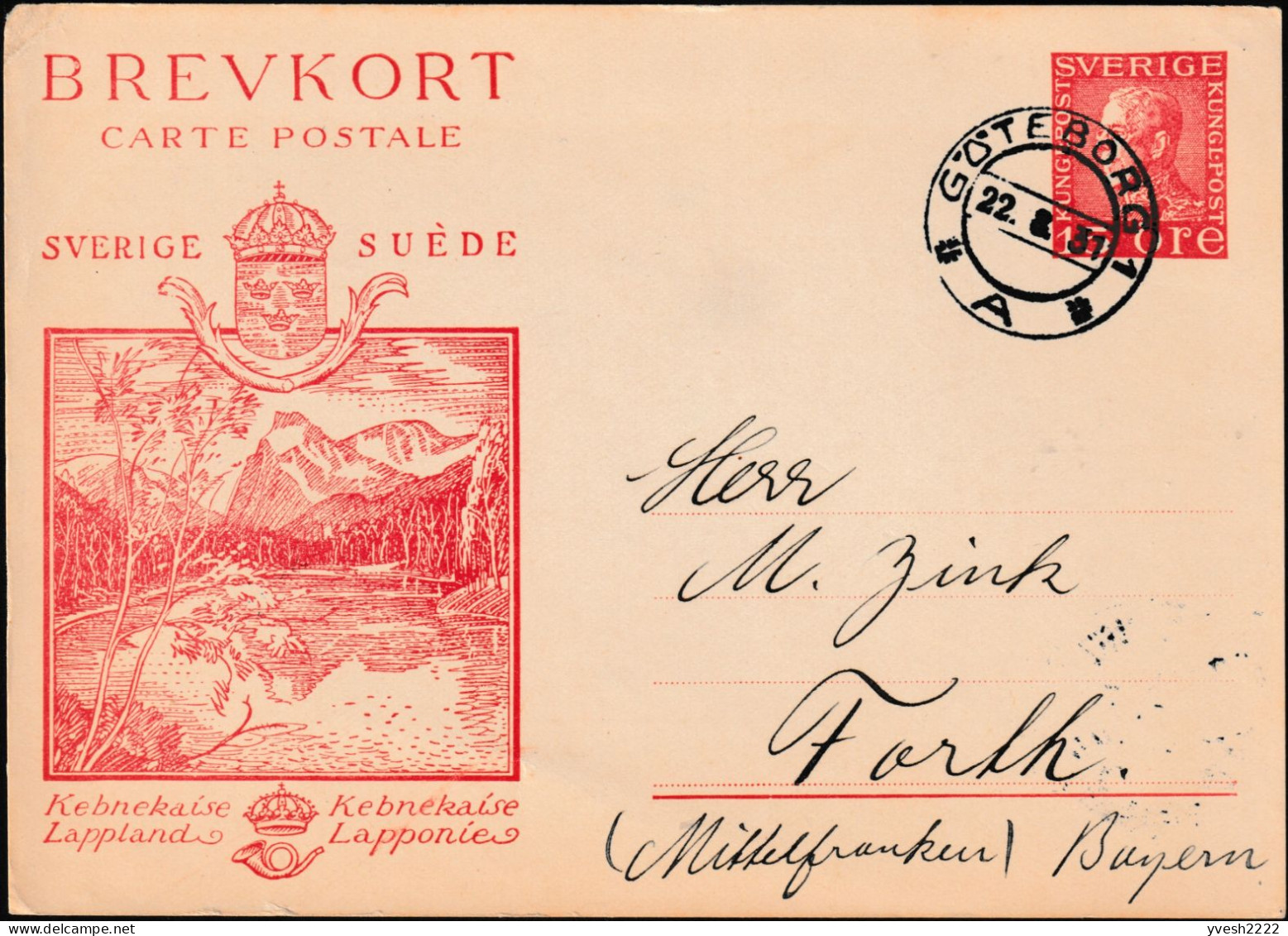 Suède 1929. Entier Postal Officiel Pour L'étranger. Laponie. Le Kebnekaise, Rebord Du Chaudron. Montagne, Sommet - Montagnes