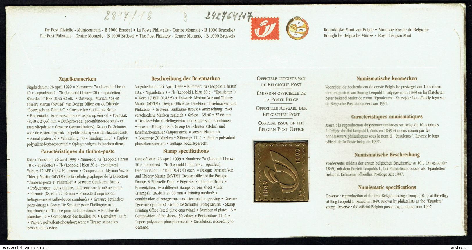 MEDAILLE - BELGIQUE - BELGÏE - 150 E Anniv. Premier Timbre Belge - 150e Verjaardag Erste Belgische Postzegel - YEAR 1999 - Autres & Non Classés