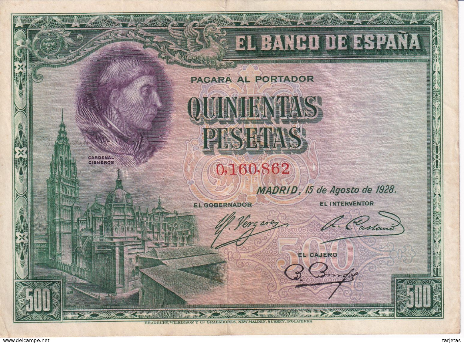 BILLETE DE ESPAÑA DE 500 PTAS DEL AÑO 1928 SIN SERIE -CARDENAL CISNEROS - 500 Peseten