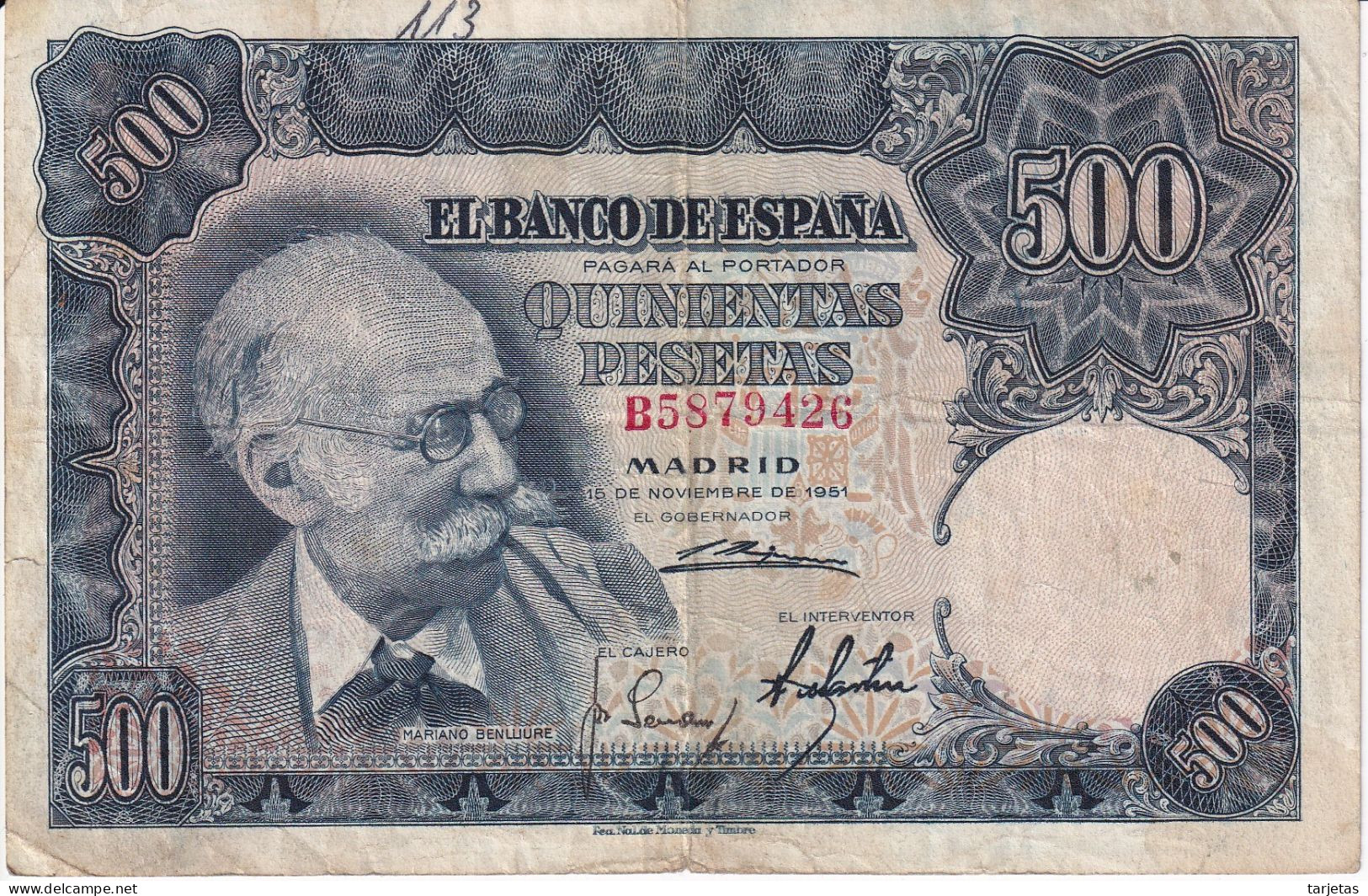 BILLETE DE 500 PTAS DEL AÑO 1951  SERIE B -  MARIANO BENLLIURE  (BANKNOTE) - 500 Peseten