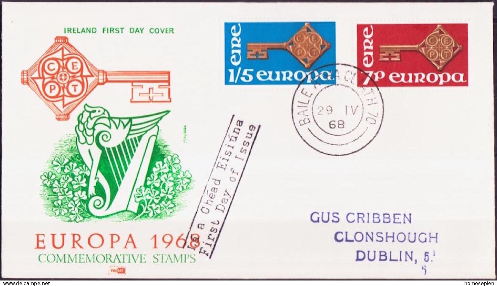 Irlande - Ireland - Irland FDC1 1968 Y&T N°203 à 204 - Michel N°202 à 203 - EUROPA - FDC