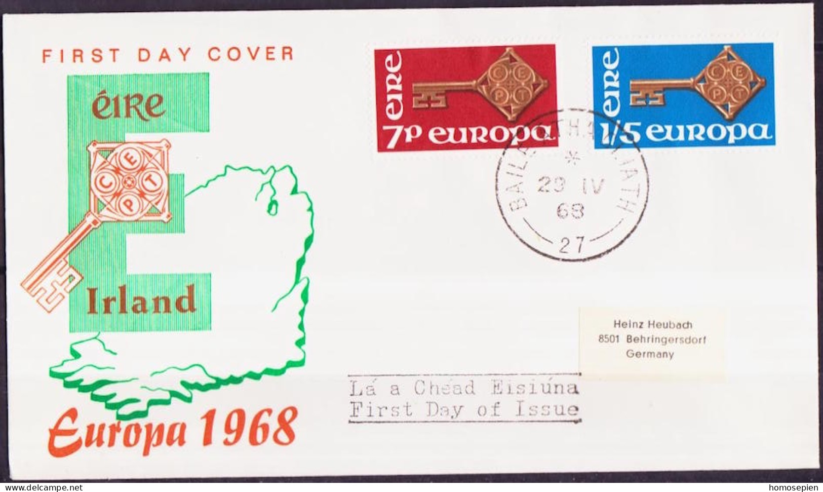 Irlande - Ireland - Irland FDC3 1968 Y&T N°203 à 204 - Michel N°202 à 203 - EUROPA - FDC