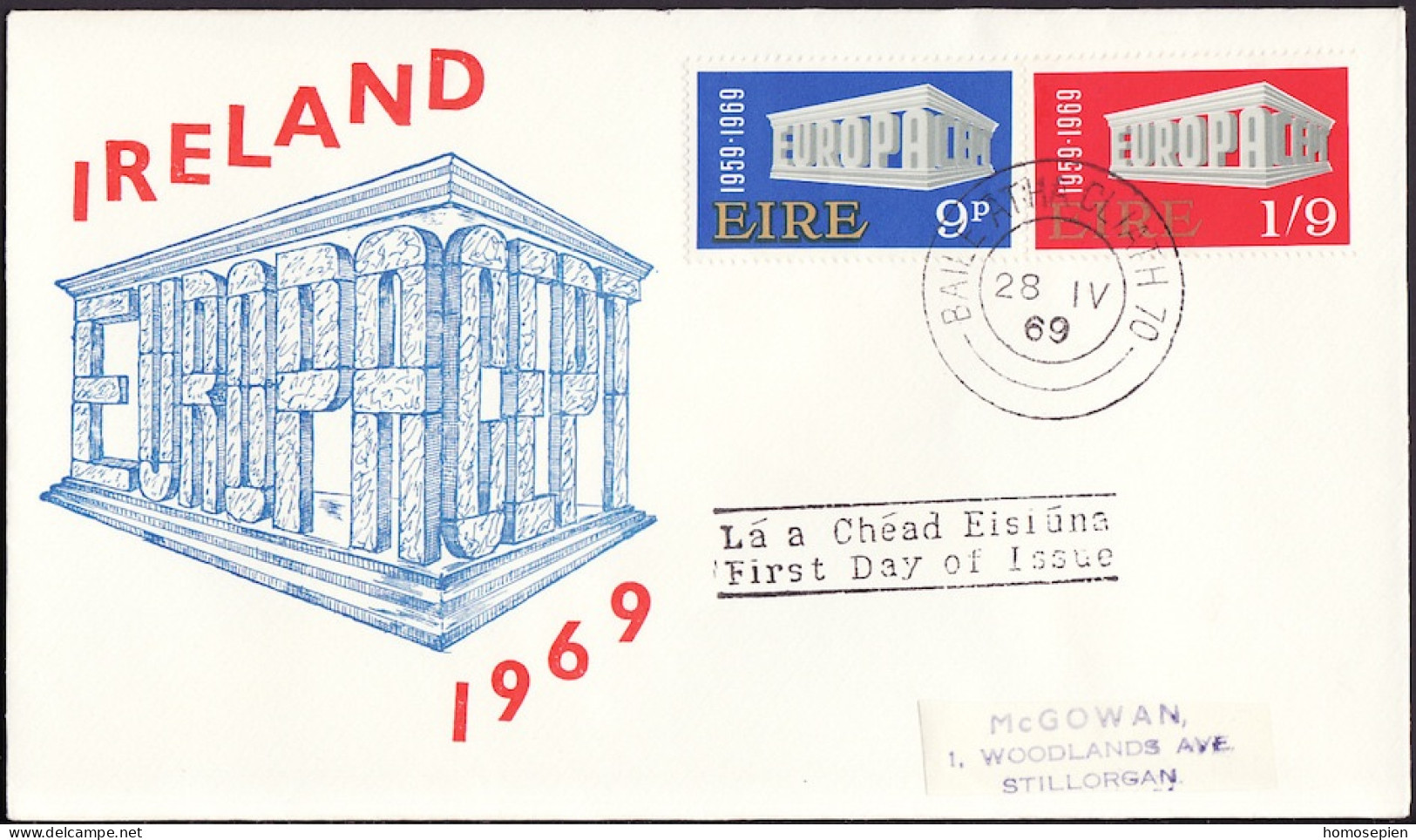 Irlande - Ireland - Irland FDC6 1969 Y&T N°232 à 233 - Michel N°230 à 231 - EUROPA - FDC