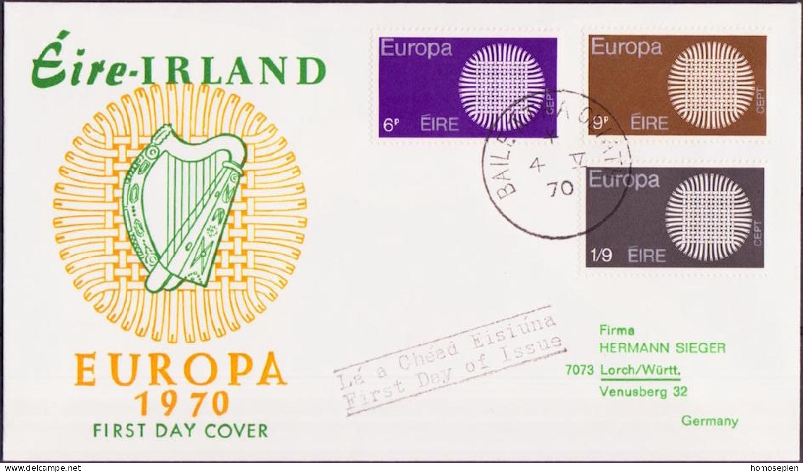 Europa CEPT 1970 Irlande - Ireland - Irland FDC2 Y&T N°241 à 243 - Michel N°239 à 241 - 1970