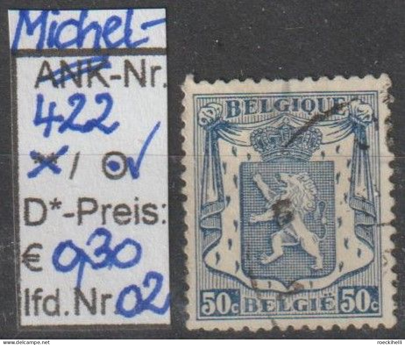 1936 - BELGIEN - FM/DM "Staatswappen" 50 C Blau - O Gestempelt - S.Scan (422o 01-03 Be) - 1929-1937 Heraldieke Leeuw