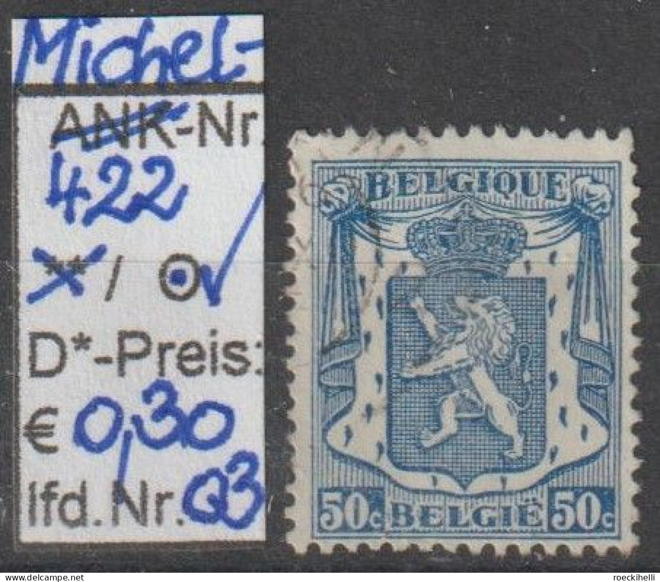 1936 - BELGIEN - FM/DM "Staatswappen" 50 C Blau - O Gestempelt - S.Scan (422o 01-03 Be) - 1929-1937 Heraldischer Löwe